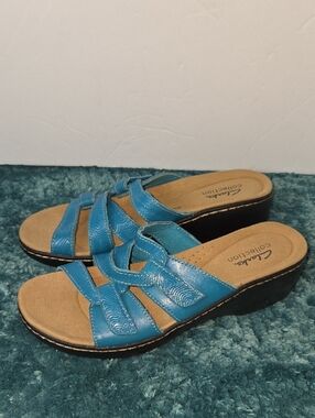 Clarks Teal Blue Leather Wedge Slide Sandals Size 8.5N